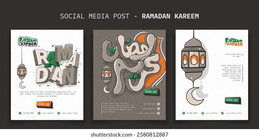 Ramadan kareem. Social media post template in portrait design with 3d art typography and lantern in cartoon design. islamic banner template. arabic text mean is ramadan kareem