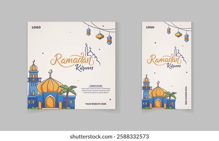 Ramadan Kareem social media post and story set template with ster mandala, masjid, moon,lamp vector