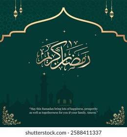 Ramadan Kareem Social Media Post Template with Green Background Vector Illustration. Arabic Text Translation: Ramadan Kareem.