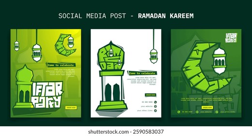 Ramadan kareem. Social media post with lantern and typography for ramadan iftar party campaign. Green ramadan background design