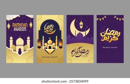 Ramadan kareem social media stories template with arabic calligraphy means generous holiday vector illustration. Ramadan is holy month in Islam