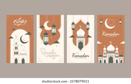 Ramadan kareem social media stories template with arabic calligraphy means generous holiday vector illustration. Ramadan is holy month in Islam