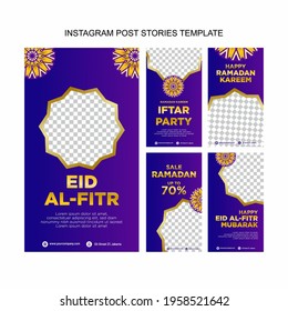 Ramadan Kareem Social Media Story Banner Template And Eid Celebration With A Purple Background And Gold Ornaments.