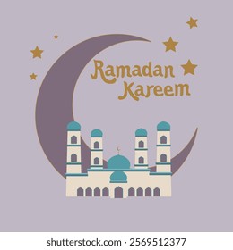 Ramadan Kareem social media template greeting card. vector illustration. cute color with mosque, crescent and star elements. can be edited to other islamic celebration.