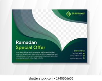 Ramadan kareem special offer flyer template design use horizontal layout with green gradient colors. Social media post template with dom mosque shape for photo space. template for advertising design.