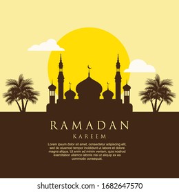 Ramadan kareem square background. Flat design  vector illustration with mosque and sun , place for text greeting card and banner. Ramadan mubarak celebration greeting design