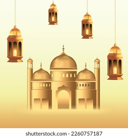 Ramadan Kareem square background template vector design Decorated With 3d Realistic arabic lantern and clound. Islamic eid mubarak graphic for social media