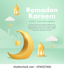 Banderas horizontales de Ramadan Kareem con luna creciente 3d con faroles tradicionales colgantes. Ilustración vectorial para tarjetas de felicitación, afiches, ventas de ramadán y vales.