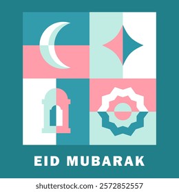 Ramadan Kareem square greeting card in teal, pink, white tones with geometric crescent moon, lantern, mosque arches, Arabic patterns, and bold "RAMADAN" text in modern flat design style. Eid Mubarak 