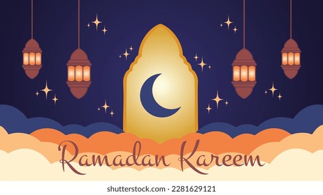 RAMADAN KAREEM WITH STARRY NIGHT SKY is a vector illustration that shows the atmosphere
starry night sky there are also lanterns on the right and left of the gate of the mosque.
