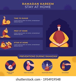 Ramadan Kareem Stay At Home Concept Based Poster Design With Prevention Details On Blue And Yellow Background.