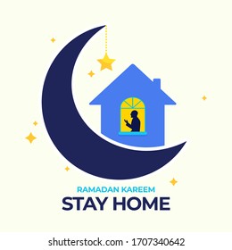 ramadan kareem stay at home in worship coronavirus protection social media illustration vector