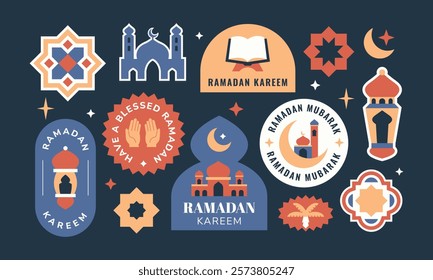 Ramadan kareem sticker, badge patch. Islamic holiday greetings with mosque, crescent moon in geometric style.