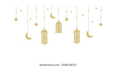 Ramadan Kareem strings, garlands with lights. Hanging hand drawn golden glittering Moroccan lanterns. Moon and stars. Islamic party decoration web banner. Isolated vector object. Eid Mubarak frame.