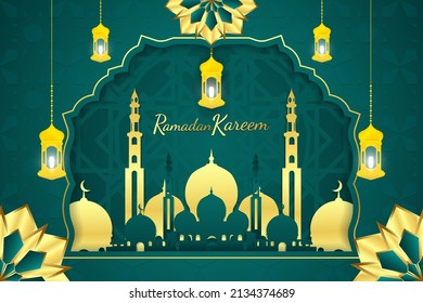 Ramadan Kareem elegante fondo islámico con mezquita y hermosa lámpara color oro