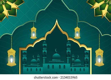 Ramadan Kareem stylisch islamisch mit Moschee-grünem und goldenem Hintergrund mit grüner Farbe