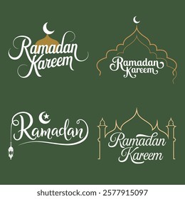 Ramadan Kareem in stylish typography with crescent moons and lanterns on greens, golds, and whites color palette