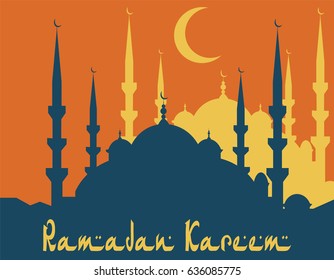 Ramadan Kareem. Stylized drawing of a silhouette of a blue mosque. Vector illustration