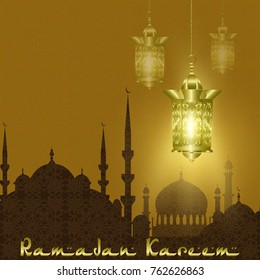 Ramadan Kareem. Stylized drawing of the silhouette of the eastern city. Lanterns are stylized for copper, bronze on a background of an ornament. Vector illustration