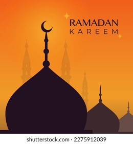 Ramadan Kareem. Sunset skyline with mosque dome, moon and stars. Vector illustration, flat design