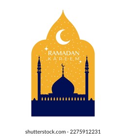 Ramadan Kareem. Sunset skyline with mosque dome, moon and stars. Vector illustration, flat design