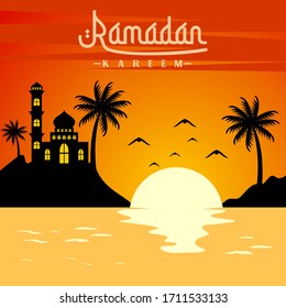 ramadan kareem with sunset view in the beach vector background