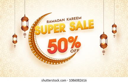 Ramadan Kareem, Super Sale Banner Design with crescent golden moon, hanging lanterns and 50% off offers. 