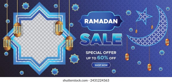 Ramadan Kareem Super Sale Web Banner Background with Blank Space for The Photo. Ramadan Big Sale Promotion Poster and Social Media Post. Elegant Islamic Special Promotion Banner Design Template