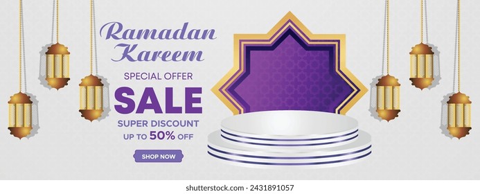 Ramadan Kareem Super Sale Web Banner Hintergrund mit Podium für die Anzeige von Produkt. Ramadan Big Sale Promotion Poster und Social Media Post. Islamische Sonderangebot-Werbebanner-Design-Vorlage