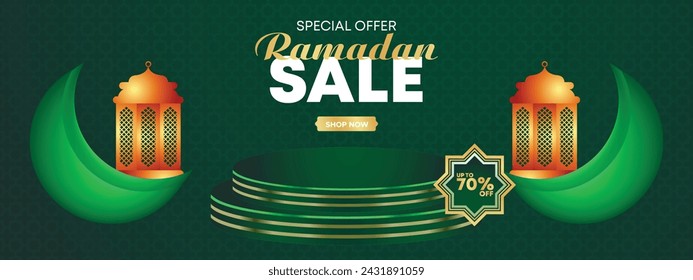 Ramadan Kareem Super Sale Web Banner Background with Podium for Display of product. Ramadan Big Sale Promotion Poster and Social Media Post. Islamic Special Offer Promotion Banner Design Template
