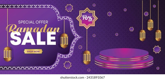 Ramadan Kareem Super Sale Web Banner Hintergrund mit Podium für die Anzeige von Produkt. Ramadan Big Sale Promotion Poster und Social Media Post. Islamische Sonderangebot-Werbebanner-Design-Vorlage