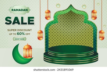 Ramadan Kareem Super Sale Web Banner Background with Podium for Display of product. Ramadan Big Sale Promotion Poster and Social Media Post. Islamic Special Offer Promotion Banner Design Template