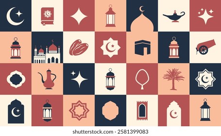 Ramadan Kareem symbols and shapes in flat geometric style , islamic design for poster, greeting card, social media , banner and cover