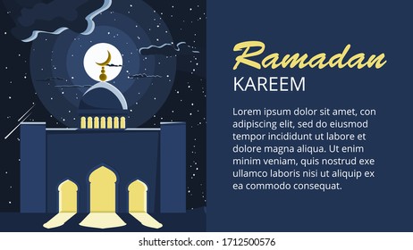 Ramadan kareem template or background with mosque and moon in the night desert. Vector, wallpaper.