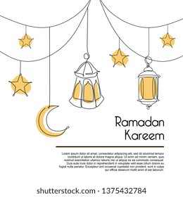 Ramadan kareem template banner design for muslim community with lantern decorative continuous line drawing style