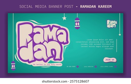 Ramadan kareem template. banner template design with typography of ramadan with simple lantern and star in purple and green. good template for ramadan kareem