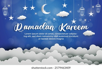 ramadan kareem template banner with islamic ornament and blue background design 3