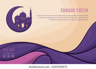 Ramadan kareem template in cartoon background with mosque on crescent moon design