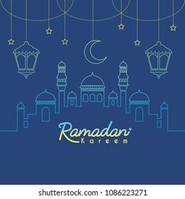 Ramadan Kareem template or copy space. Mosque with crescent moon and lantern in gradient lien art style on blue background. Ramadan Kareem means Ramadan the Generous Month.