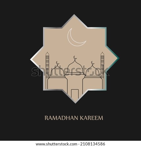 Ramadan Kareem template or copy space. Mosque with crescent moon and star in blue background. Ramadan Kareem means Ramadan the Generous Month