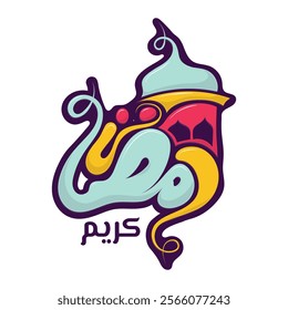 Ramadan kareem template design with arabic typography and simple mosque in cartoon design. Arabic text mean is ramadan kareem