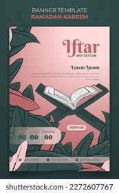 Diseño de plantillas de kareem de Ramadán con fondo de hojas verdes y al-qur'an en diseño de dibujos animados