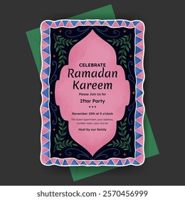 Ramadan kareem template design for iftar party with flower border illustration for poster, greeting card or invitation card. 