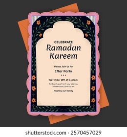 Ramadan kareem template design for iftar party with flower border illustration for poster, greeting card or invitation card. 