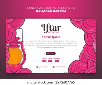Diseño de plantilla de kareem de Ramadán con linterna en diseño de fondo con dibujos a mano rosa y blanco