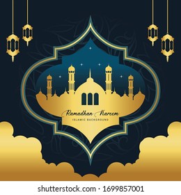 Ramadan Kareem Template Design with Mosque and Lantern Design. Vector Illustration for greeting card, poster and banner.
