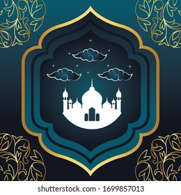 Diseño de plantilla Ramadan Kareem con diseño de mezquita y farol. Ilustración vectorial para tarjeta de felicitación, afiche y banner.