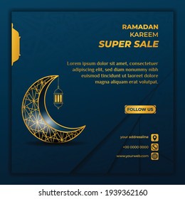 Ramadan Kareem template design for Social media post. blue background design with half moon design. also good template for online advertising design.