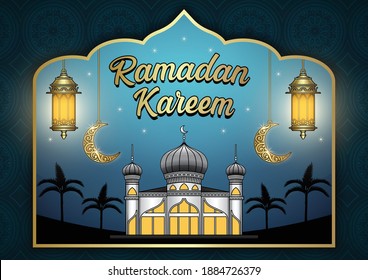 Ramadan Kareem template with gold decoration and lantern ornament
