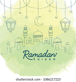 Ramadan Kareem template. Hand drawn mosque with crescent moon and lantern in lien art style on green watercolor background. Ramadan Kareem means Ramadan the Generous Month.